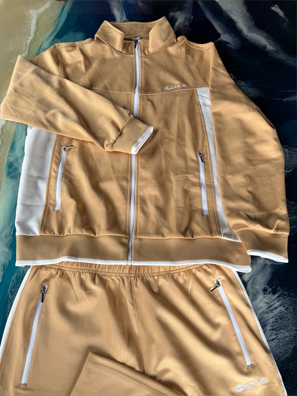 BUY or BUNDLE! SET NEW Mens Outdoor Sports pants matching jacket gold/wht SZ L